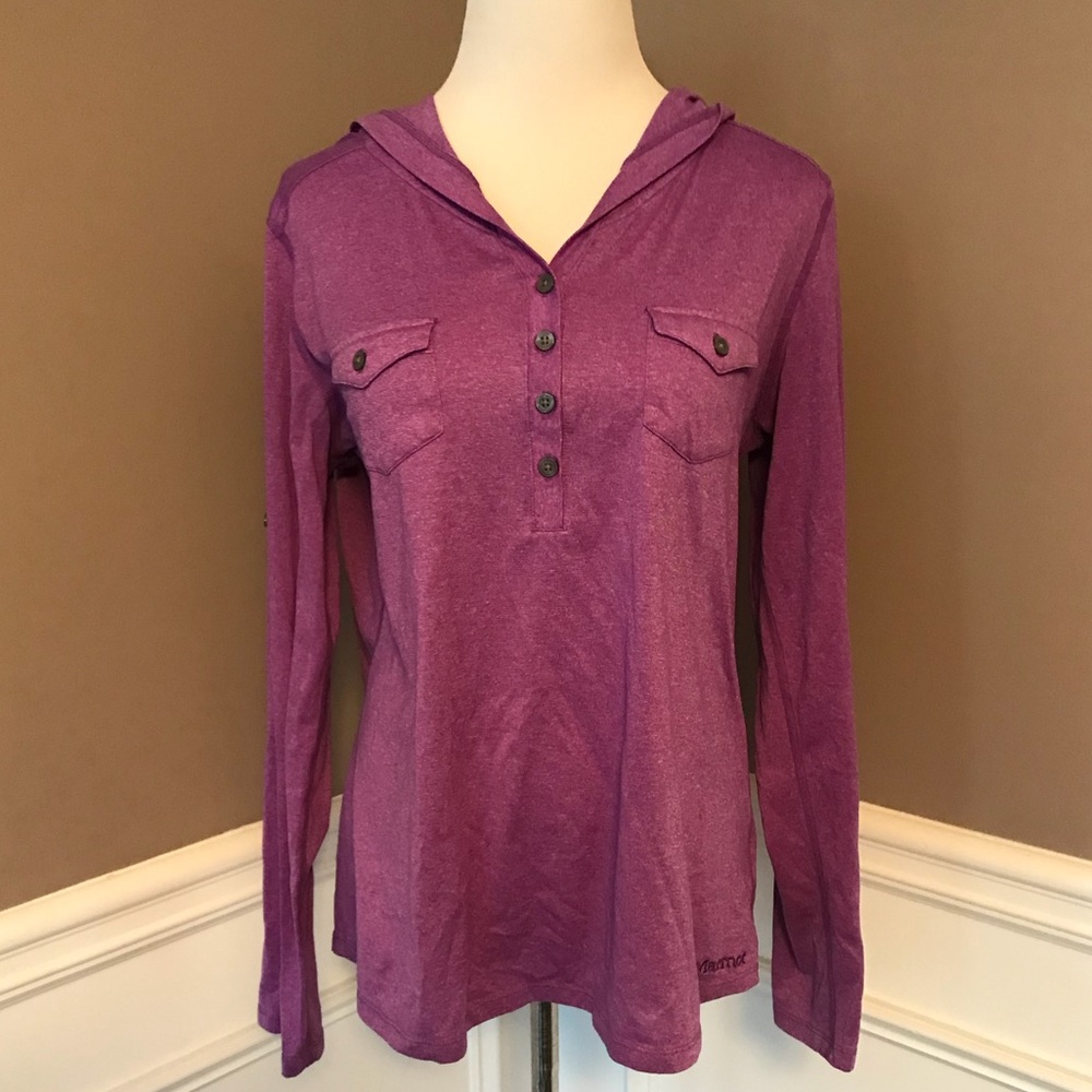 Marmot L Purple Long sleeve hooded athletic top.